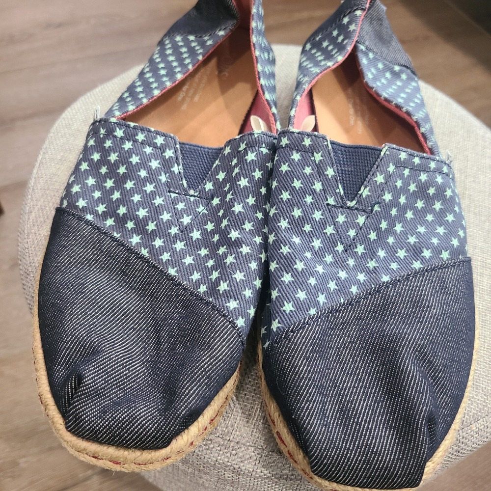 TOMS Alpargata Blue Denim Mint Green Star Print Slip On Shoes Womens‎ 9 - Picture 5 of 15